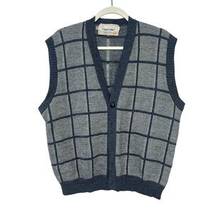 Clipper Mist 80s Sweater Vest XL Navy White Windowpane‎ Preppy Academia USA